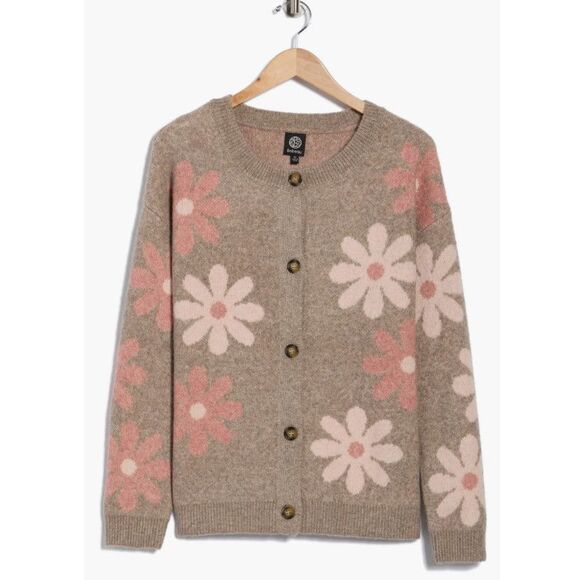 New Bobeau Daisy Jacquard Cardigan Sweater in Dark Oatmeal Size Medium - Picture 1 of 4